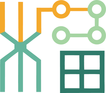 Een modern icoon dat datanetwerken, systeemarchitectuur, digitale infrastructuur, technologische oplossingen en procesverbindingen symboliseert.